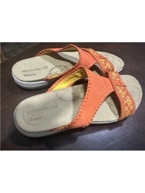Merrell Orange Slide Sandals with Yellow Embroidered Strap